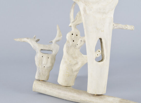 untitled (human & animal composition), circa 1988, caribou antler, 17 x 16  x 9 in., Inuit Art, Marion Scott Gallery